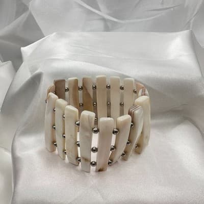 Vintage 90s Mother of Pearl Shell Stretch Bracelet Boho Wide Cuff Jewelry - Thumbnail 4