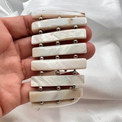 Vintage 90s Mother of Pearl Shell Stretch Bracelet Boho Wide Cuff Jewelry - Thumbnail 8