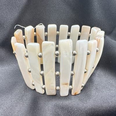 Vintage 90s Mother of Pearl Shell Stretch Bracelet Boho Wide Cuff Jewelry - Thumbnail 7