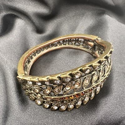 Vintage Y2K Bronze Tone Rhinestone Leaf Wide Cuff Bracelet Women's Jewelry - Thumbnail 7