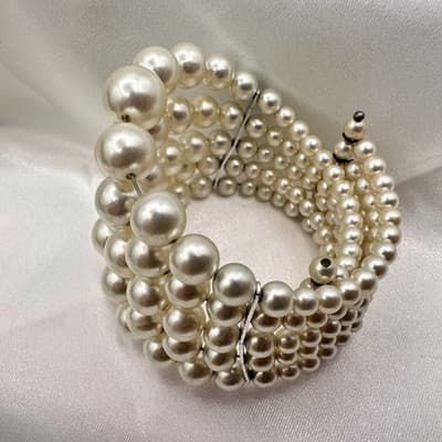 Vintage Y2K Cream Faux Pearl Beaded Wrap Stretch Bracelet Statement Jewelry - Thumbnail 2