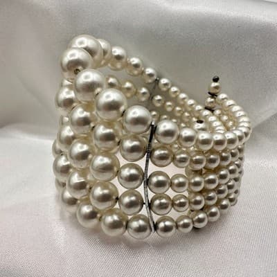 Vintage Y2K Cream Faux Pearl Beaded Wrap Stretch Bracelet Statement Jewelry - Thumbnail 3