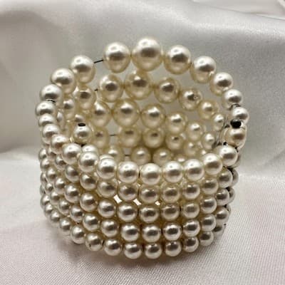 Vintage Y2K Cream Faux Pearl Beaded Wrap Stretch Bracelet Statement Jewelry - Thumbnail 5