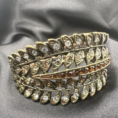 Vintage Y2K Bronze Tone Rhinestone Leaf Wide Cuff Bracelet Women's Jewelry - Thumbnail 8