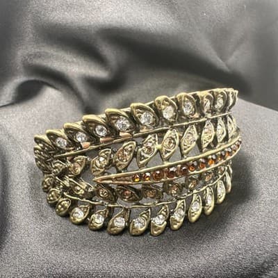Vintage Y2K Bronze Tone Rhinestone Leaf Wide Cuff Bracelet Women's Jewelry - Thumbnail 6