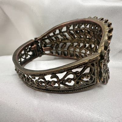 Vintage Y2K Bronze Tone Rhinestone Leaf Wide Cuff Bracelet Women's Jewelry - Thumbnail 5