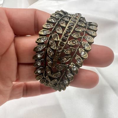 Vintage Y2K Bronze Tone Rhinestone Leaf Wide Cuff Bracelet Women's Jewelry - Thumbnail 9