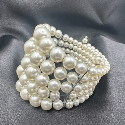 Vintage Y2K Cream Faux Pearl Beaded Wrap Stretch Bracelet Statement Jewelry - Thumbnail 6