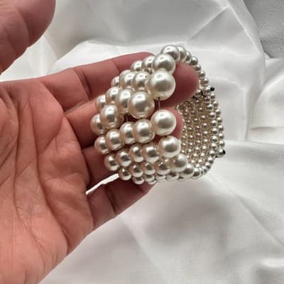 Vintage Y2K Cream Faux Pearl Beaded Wrap Stretch Bracelet Statement Jewelry - Thumbnail 10