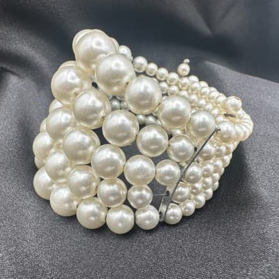 Vintage Y2K Cream Faux Pearl Beaded Wrap Stretch Bracelet Statement Jewelry - Thumbnail 8
