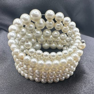 Vintage Y2K Cream Faux Pearl Beaded Wrap Stretch Bracelet Statement Jewelry - Thumbnail 9