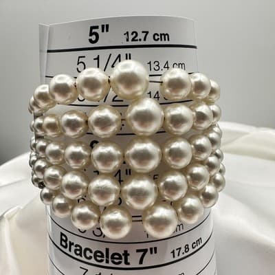 Vintage Y2K Cream Faux Pearl Beaded Wrap Stretch Bracelet Statement Jewelry - Thumbnail 11