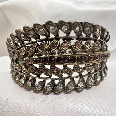 Vintage Y2K Bronze Tone Rhinestone Leaf Wide Cuff Bracelet Women's Jewelry - Thumbnail 4