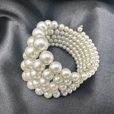 Vintage Y2K Cream Faux Pearl Beaded Wrap Stretch Bracelet Statement Jewelry - Thumbnail 7