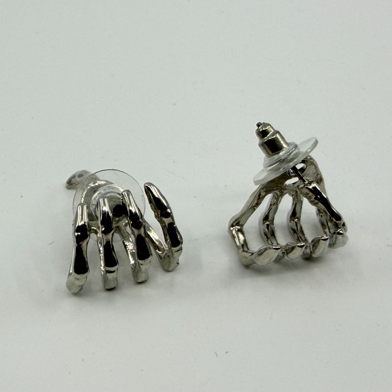 Gothic Silver Tone Skeleton Hand Post Stud Earring Punk Halloween Statement Gift - Thumbnail 2