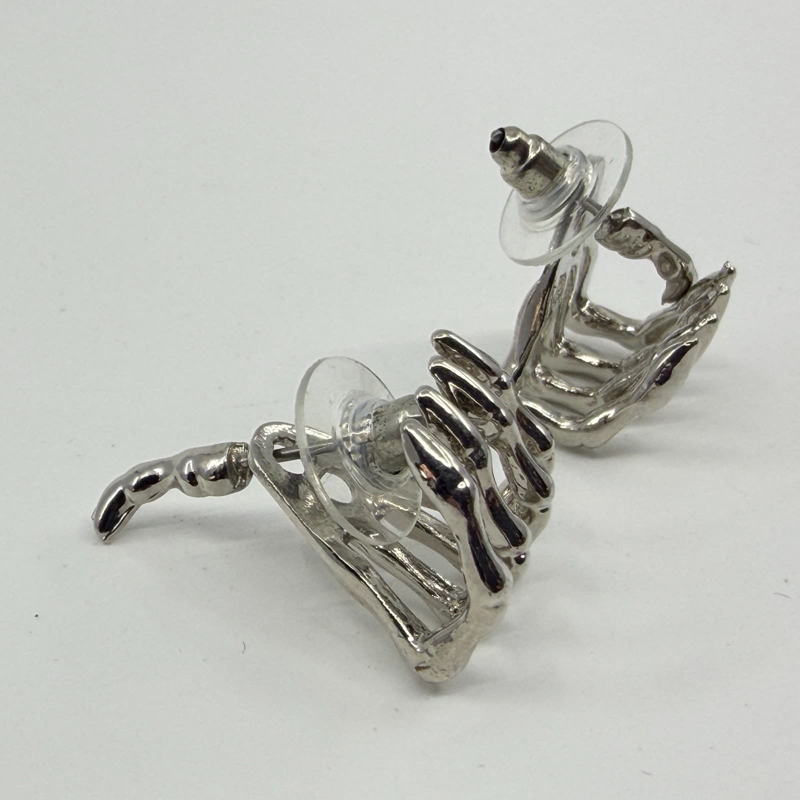 Gothic Silver Tone Skeleton Hand Post Stud Earring Punk Halloween Statement Gift - Thumbnail 3