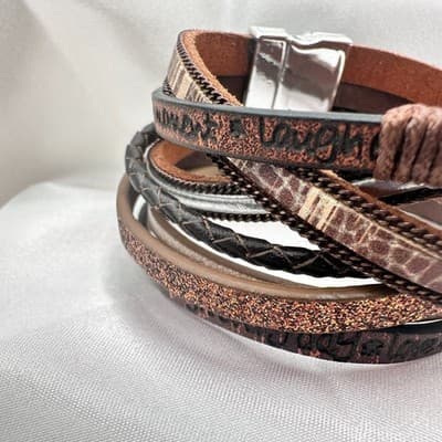 Vintage 90s Silver Tone Tree of Life Charm Brown Leather Wrap Bracelet Jewelry - Thumbnail 4
