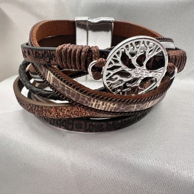 Vintage 90s Silver Tone Tree of Life Charm Brown Leather Wrap Bracelet Jewelry - Thumbnail 2