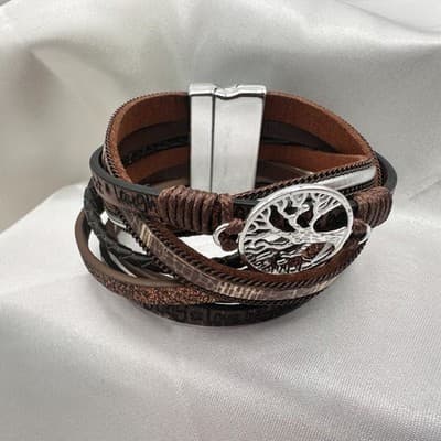 Vintage 90s Silver Tone Tree of Life Charm Brown Leather Wrap Bracelet Jewelry - Thumbnail 5