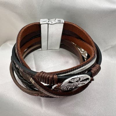 Vintage 90s Silver Tone Tree of Life Charm Brown Leather Wrap Bracelet Jewelry - Thumbnail 3
