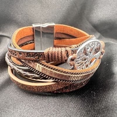 Vintage 90s Silver Tone Tree of Life Charm Brown Leather Wrap Bracelet Jewelry - Thumbnail 8
