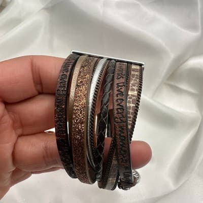 Vintage 90s Silver Tone Tree of Life Charm Brown Leather Wrap Bracelet Jewelry - Thumbnail 10