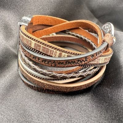Vintage 90s Silver Tone Tree of Life Charm Brown Leather Wrap Bracelet Jewelry - Thumbnail 6