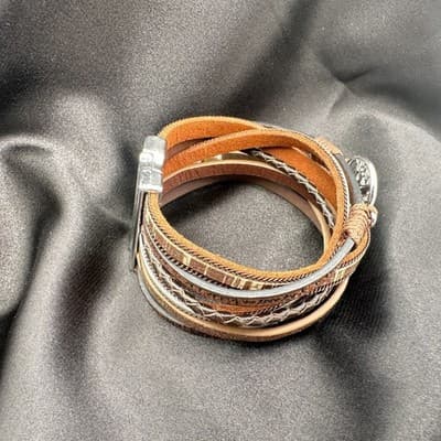 Vintage 90s Silver Tone Tree of Life Charm Brown Leather Wrap Bracelet Jewelry - Thumbnail 7