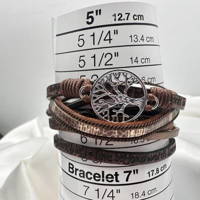 Vintage 90s Silver Tone Tree of Life Charm Brown Leather Wrap Bracelet Jewelry - Thumbnail 9