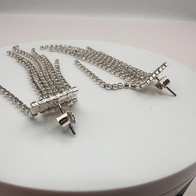 Vintage Y2K Clear Rhinestone Tassel Fringe Dangle Earrings Silver Tone Jewelry - Thumbnail 4