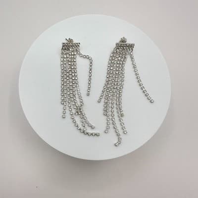 Vintage Y2K Clear Rhinestone Tassel Fringe Dangle Earrings Silver Tone Jewelry - Thumbnail 3