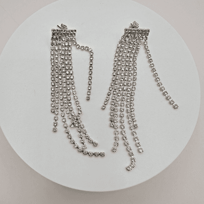 Vintage Y2K Clear Rhinestone Tassel Fringe Dangle Earrings Silver Tone Jewelry - Thumbnail 2