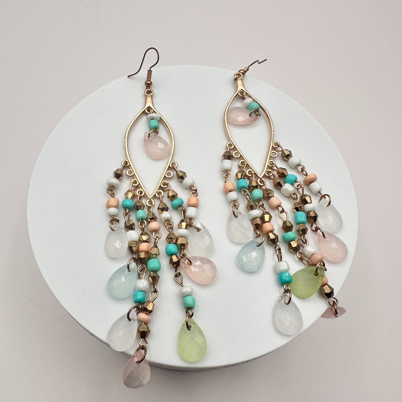 VTG Y2K Gold Tone Teardrop Beaded Chandelier Earrings Women's Classic Jewelry - Thumbnail 4