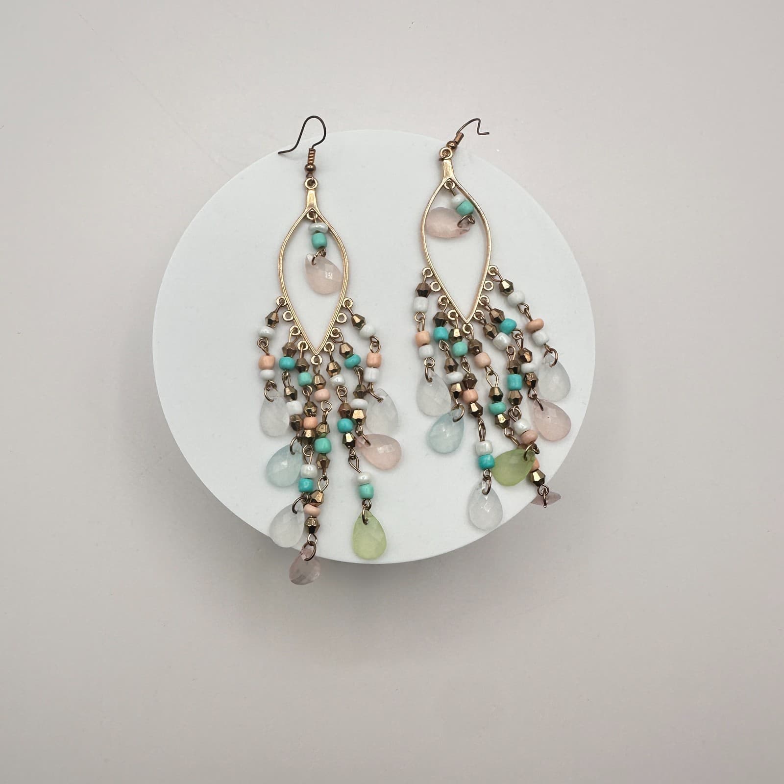 VTG Y2K Gold Tone Teardrop Beaded Chandelier Earrings Women's Classic Jewelry - Thumbnail 5
