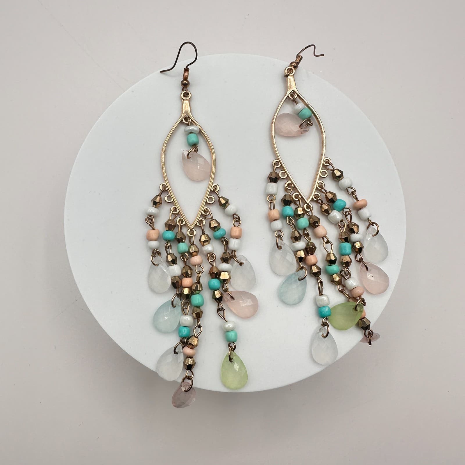 VTG Y2K Gold Tone Teardrop Beaded Chandelier Earrings Women's Classic Jewelry - Thumbnail 3