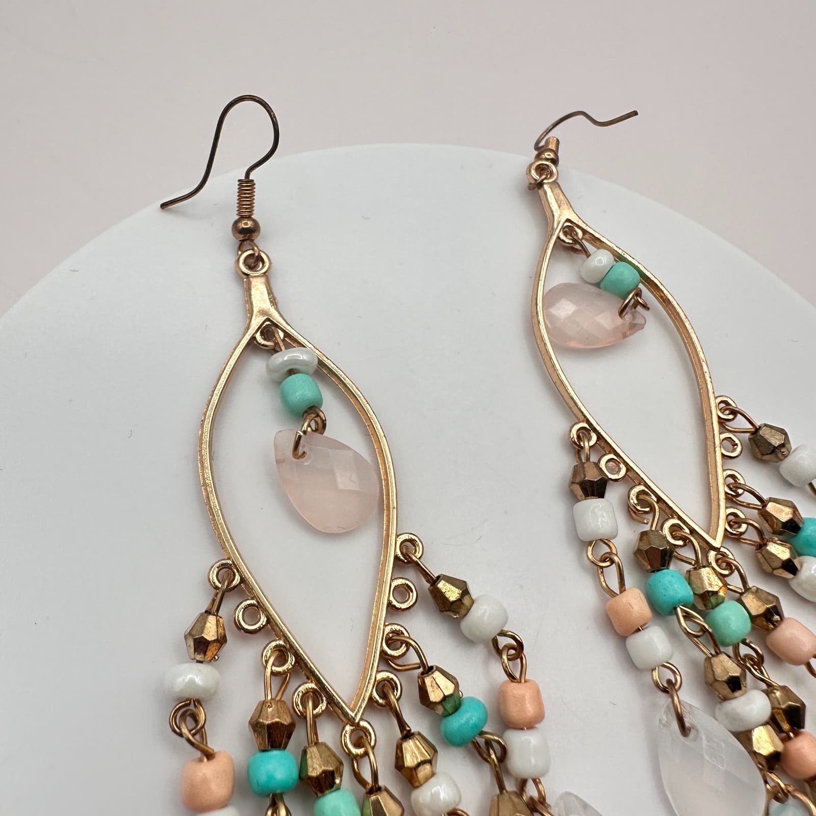 VTG Y2K Gold Tone Teardrop Beaded Chandelier Earrings Women's Classic Jewelry - Thumbnail 8