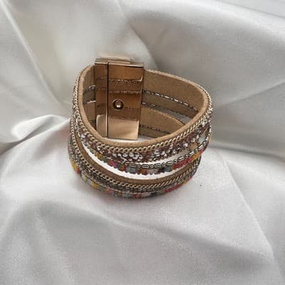 Vintage 90s Multi-Strand Wrap Bracelet Glass Fabric Statement Fashion Jewelry - Thumbnail 6