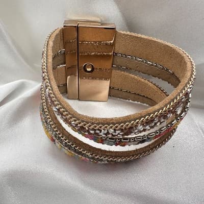 Vintage 90s Multi-Strand Wrap Bracelet Glass Fabric Statement Fashion Jewelry - Thumbnail 3