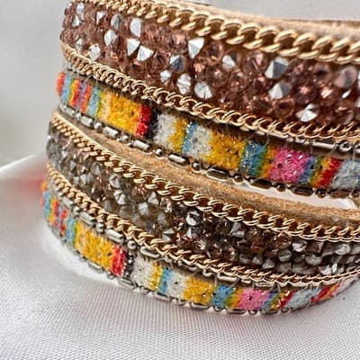 Vintage 90s Multi-Strand Wrap Bracelet Glass Fabric Statement Fashion Jewelry - Thumbnail 5