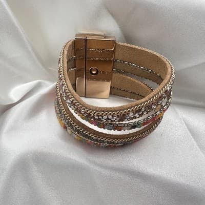 Vintage 90s Multi-Strand Wrap Bracelet Glass Fabric Statement Fashion Jewelry - Thumbnail 2