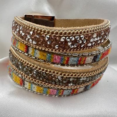 Vintage 90s Multi-Strand Wrap Bracelet Glass Fabric Statement Fashion Jewelry - Thumbnail 4