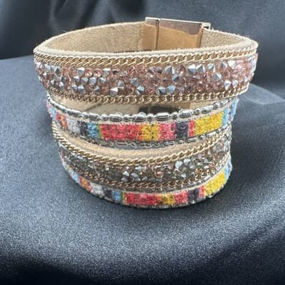Vintage 90s Multi-Strand Wrap Bracelet Glass Fabric Statement Fashion Jewelry - Thumbnail 13