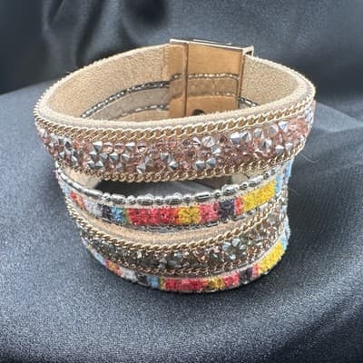 Vintage 90s Multi-Strand Wrap Bracelet Glass Fabric Statement Fashion Jewelry - Thumbnail 8