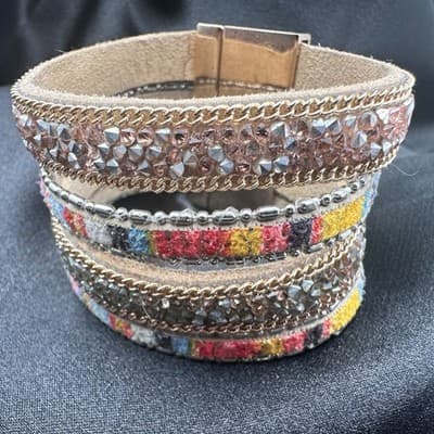 Vintage 90s Multi-Strand Wrap Bracelet Glass Fabric Statement Fashion Jewelry - Thumbnail 9