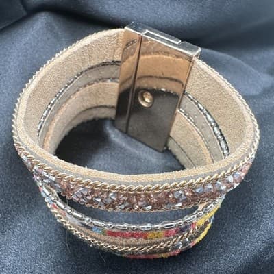 Vintage 90s Multi-Strand Wrap Bracelet Glass Fabric Statement Fashion Jewelry - Thumbnail 11