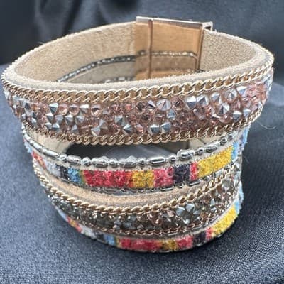 Vintage 90s Multi-Strand Wrap Bracelet Glass Fabric Statement Fashion Jewelry - Thumbnail 12