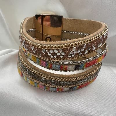 Vintage 90s Multi-Strand Wrap Bracelet Glass Fabric Statement Fashion Jewelry - Thumbnail 7