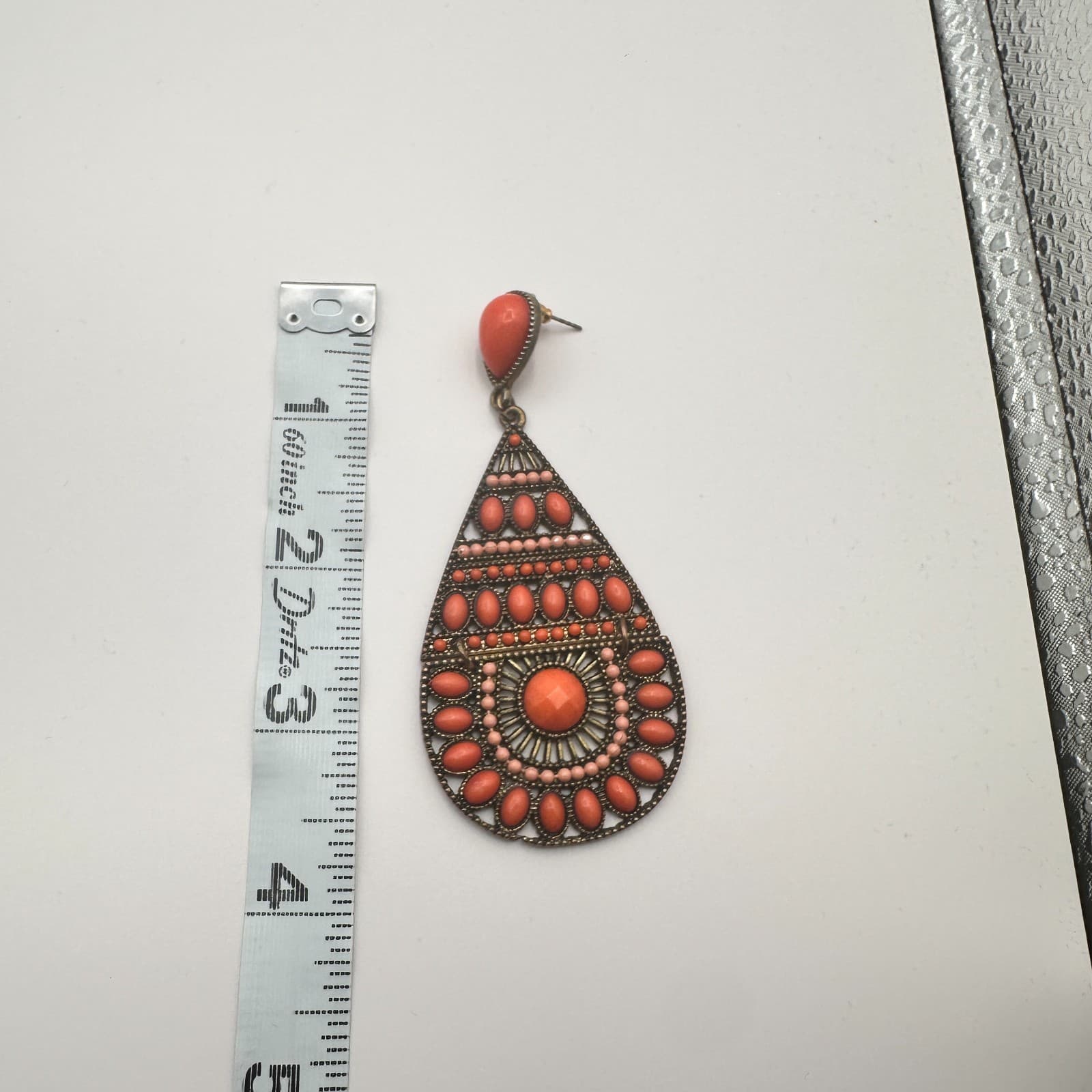Vintage 90s Gold Tone Orange Beaded Teardrop Dangle Earrings Fashion Jewelry - Thumbnail 8