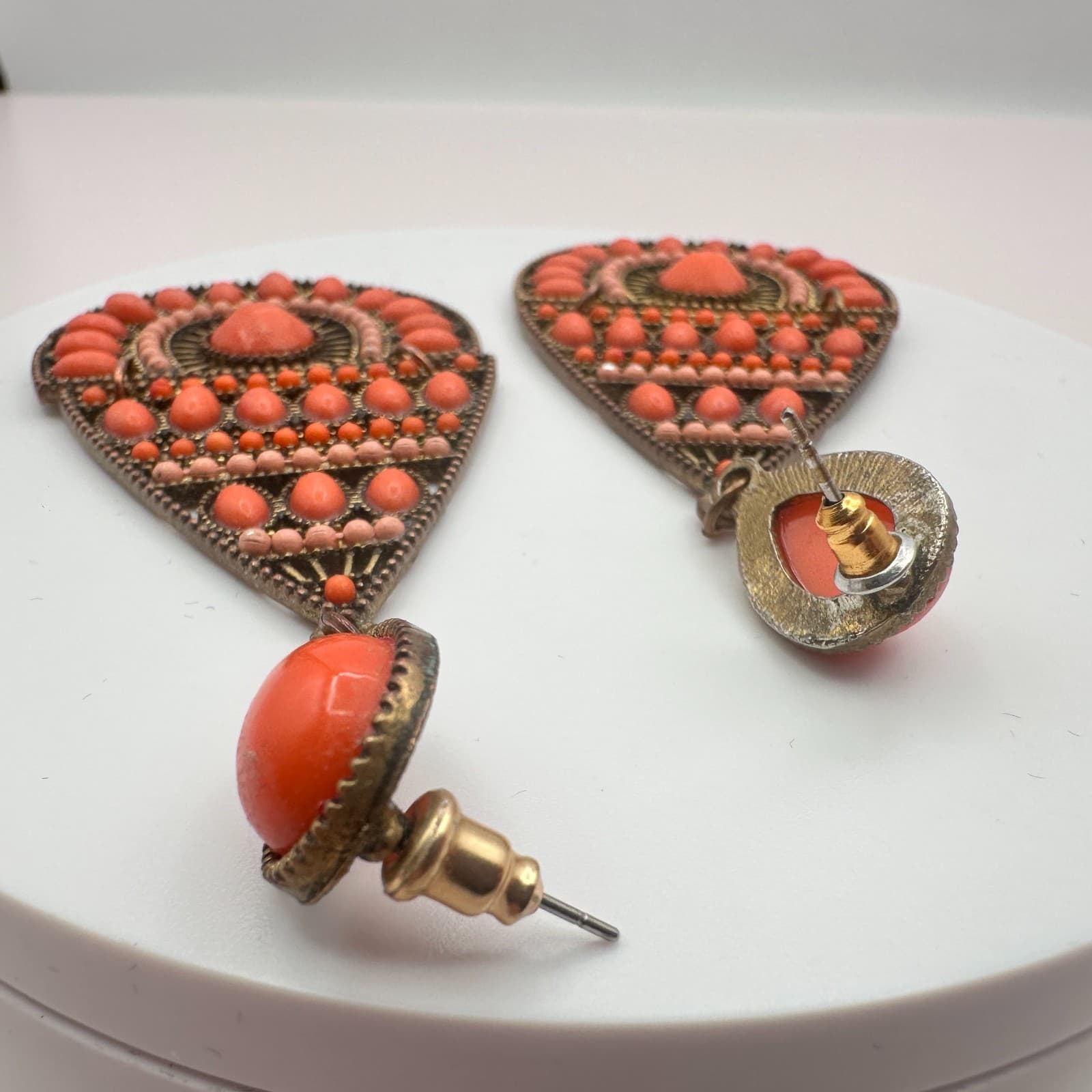 Vintage 90s Gold Tone Orange Beaded Teardrop Dangle Earrings Fashion Jewelry - Thumbnail 2