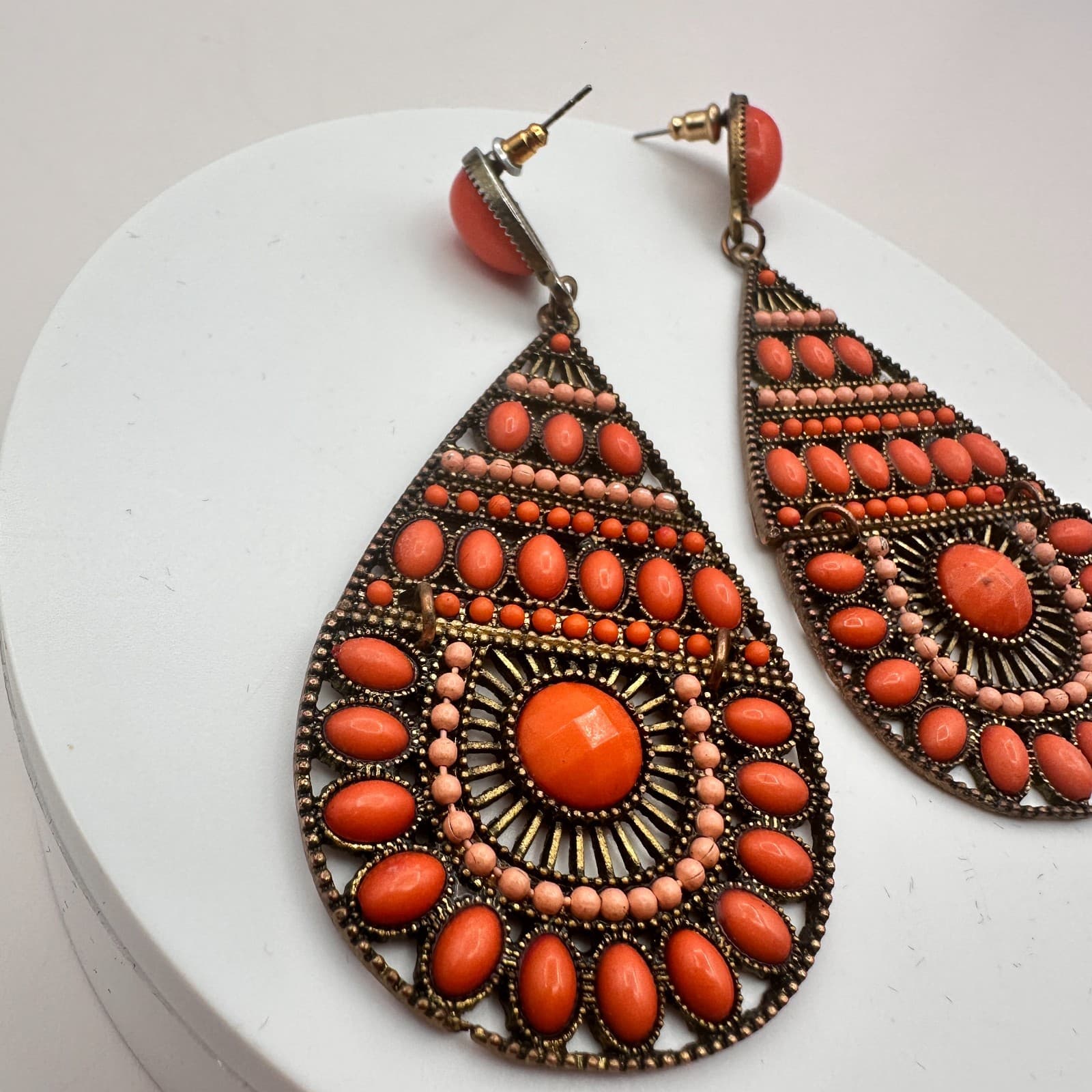 Vintage 90s Gold Tone Orange Beaded Teardrop Dangle Earrings Fashion Jewelry - Thumbnail 3